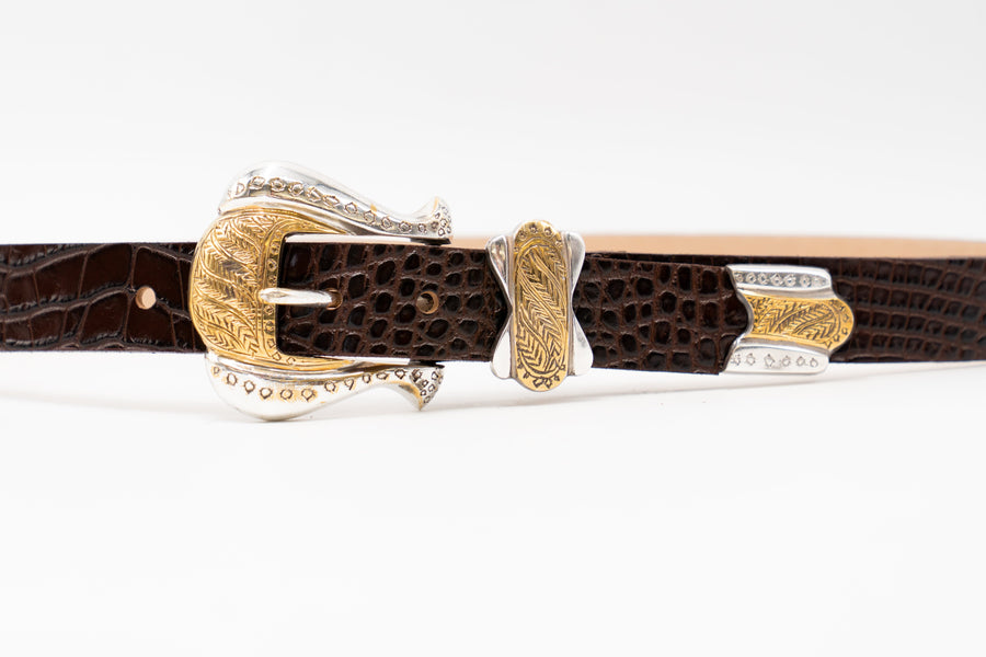 Aria Belt – Croc-Embossed Leather with Brass Engraved Buckle - Streets Ahead