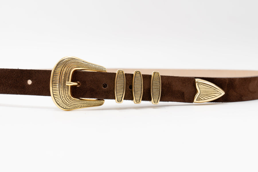 Delphina Belt – Brown Suede Leather Gold Plated Buckle Set - Streets Ahead