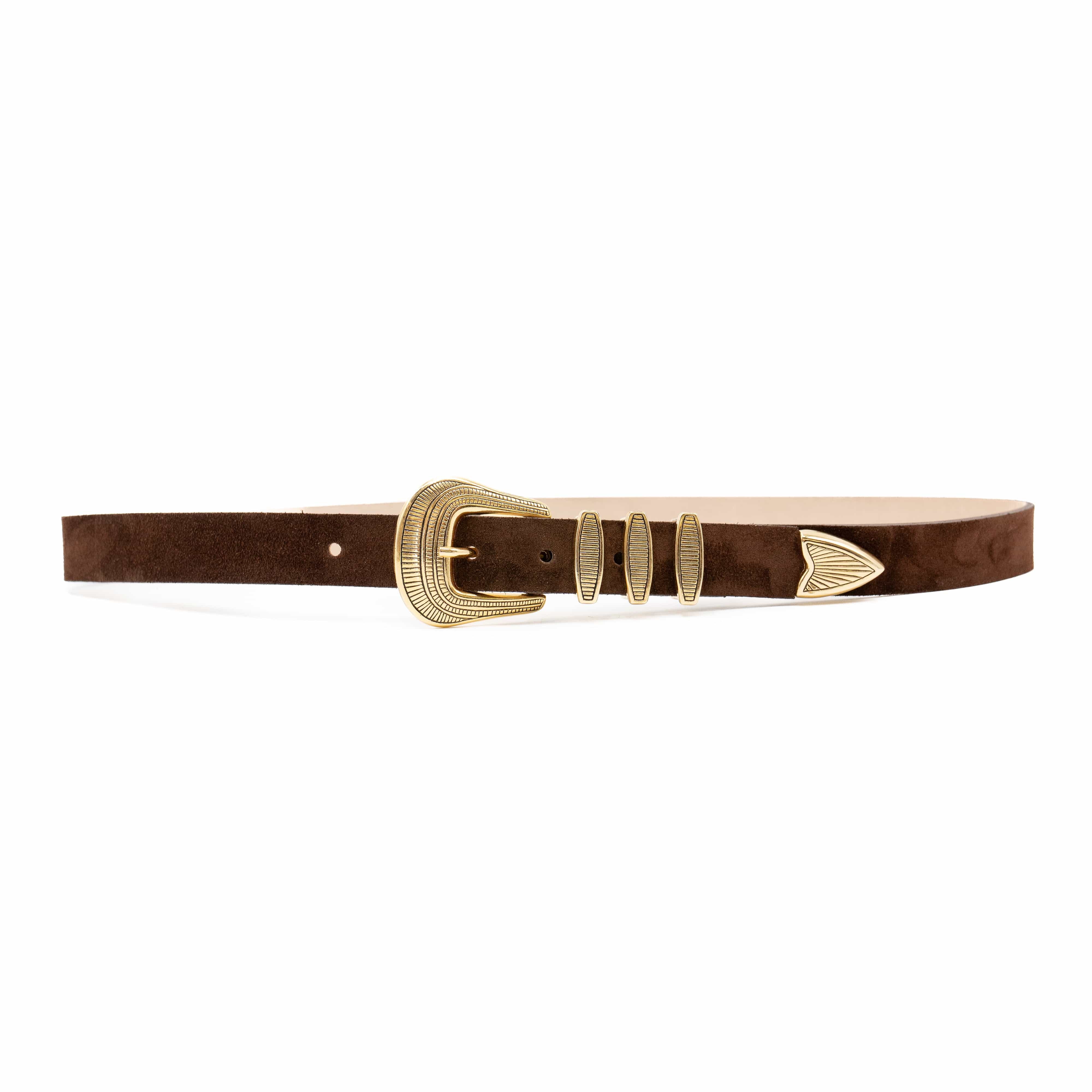 Delphina Belt – Brown Suede Leather Gold Plated Buckle Set - Streets Ahead