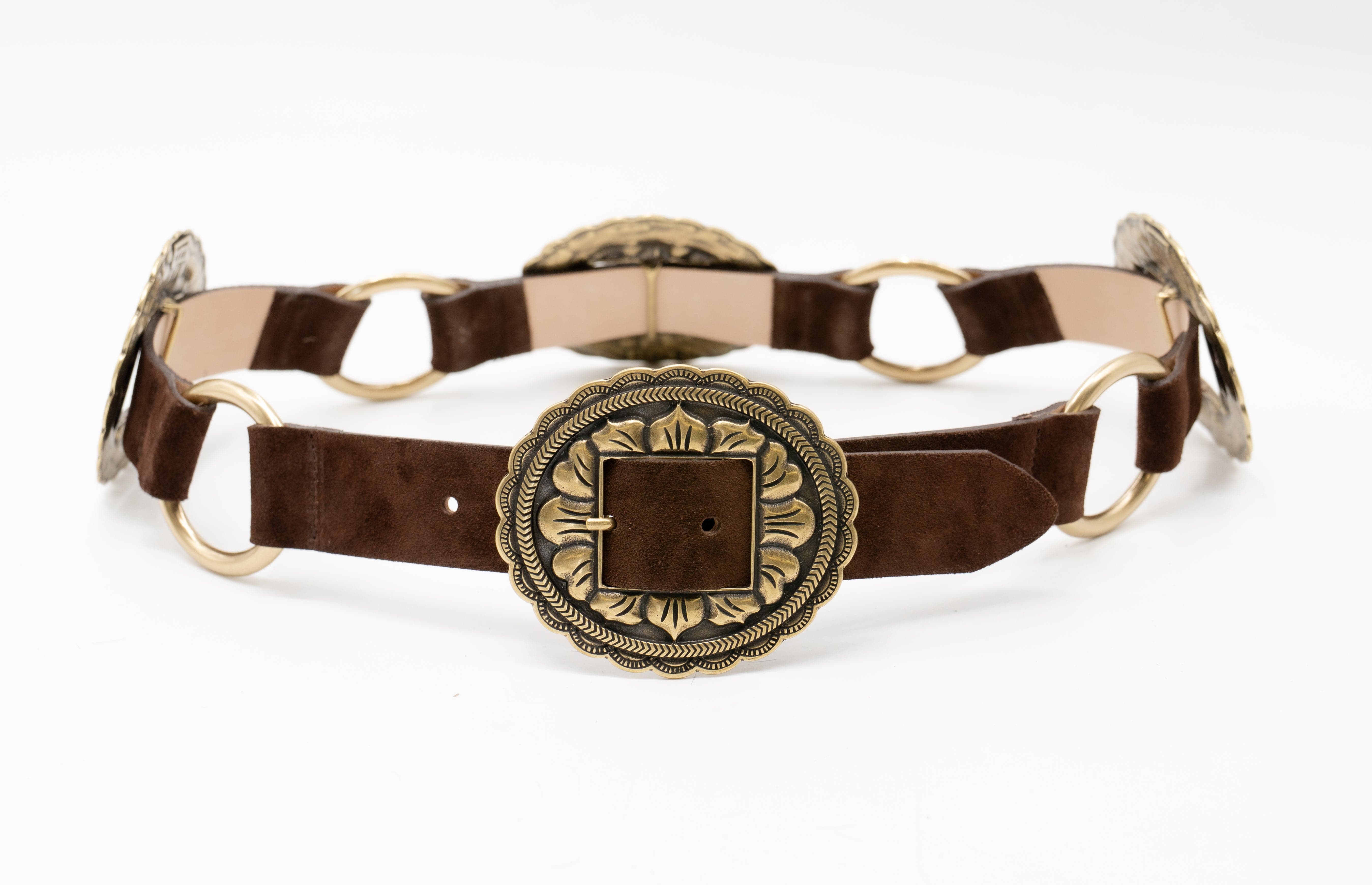  Lilienne Belt - chocolate Italian suede and a floral concho western buckle set - Streets Ahead