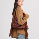 Stevie Fringe Hobo Cognac Embossed Leather