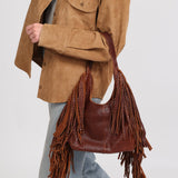 Stevie Fringe Hobo Cognac Embossed Leather