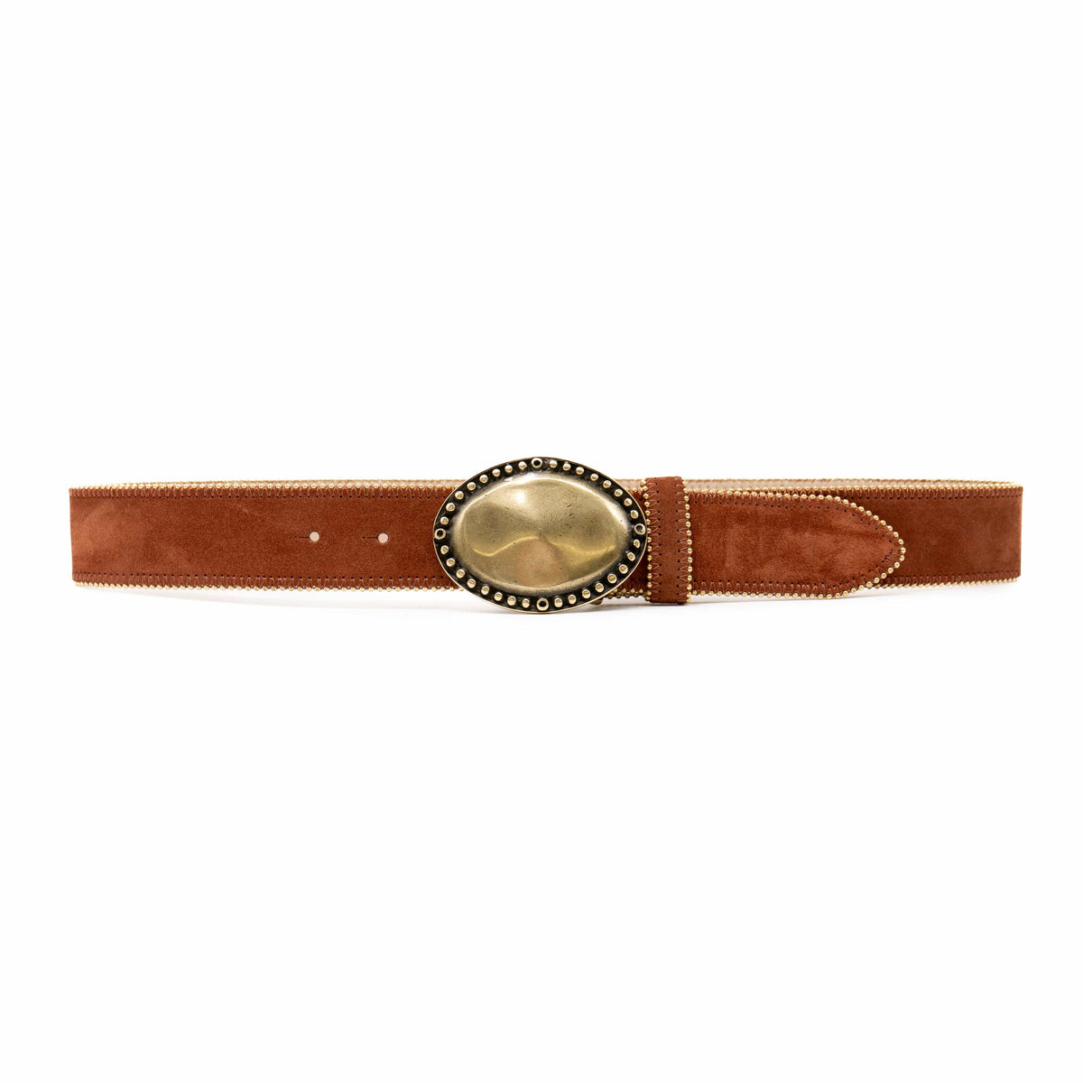 Alethea Belt in rust suede Italian leather with brass-plated plaque buckle, Streets Ahead