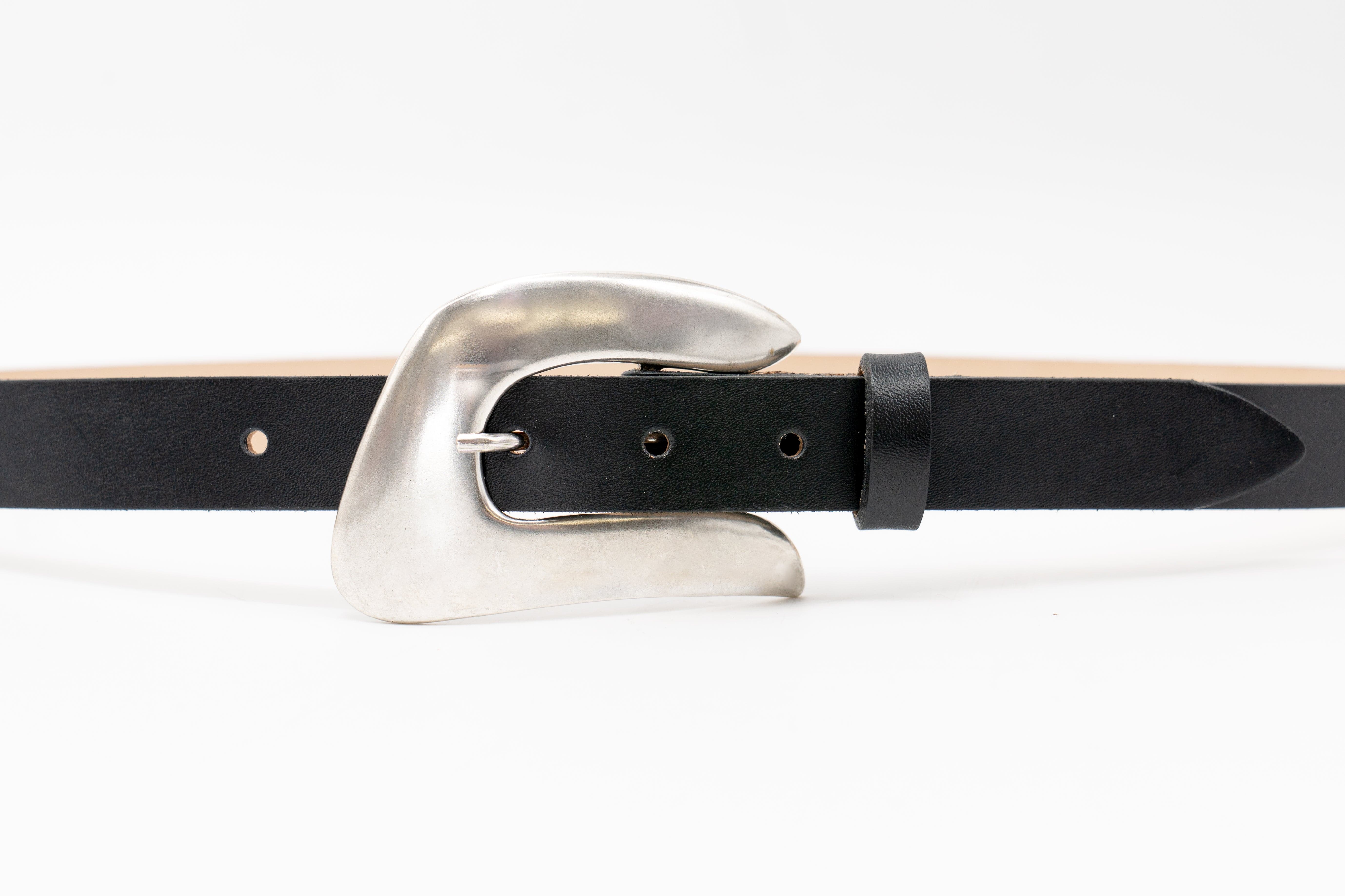 Asher Belt – smooth black Italian leather belt with silver-plated organic-shaped buckle, handcrafted in Los Angeles - Streets Ahead
