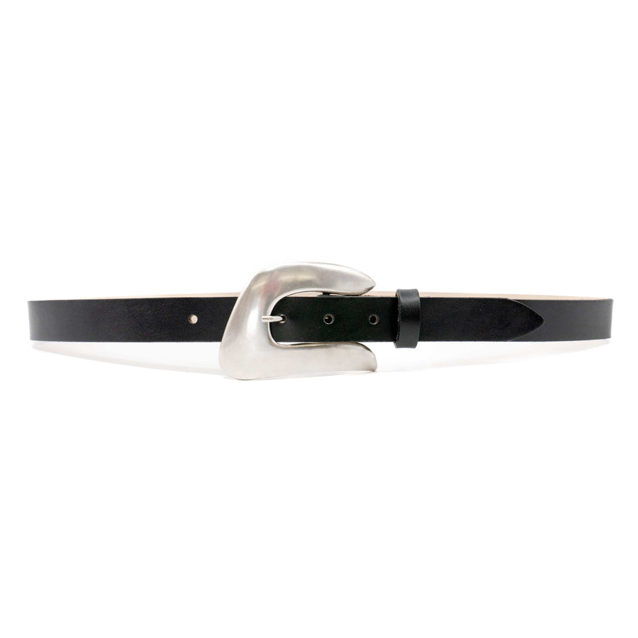 Asher Belt – smooth black Italian leather belt with silver-plated organic-shaped buckle, handcrafted in Los Angeles - Streets Ahead