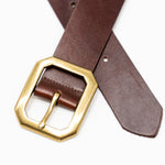 Barrett Belt – smooth brown Italian leather belt with bold brass center bar buckle, unisex design, handcrafted in Los Angeles - Streets Ahead