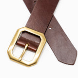 Barrett Belt – smooth brown Italian leather belt with bold brass center bar buckle, unisex design, handcrafted in Los Angeles - Streets Ahead