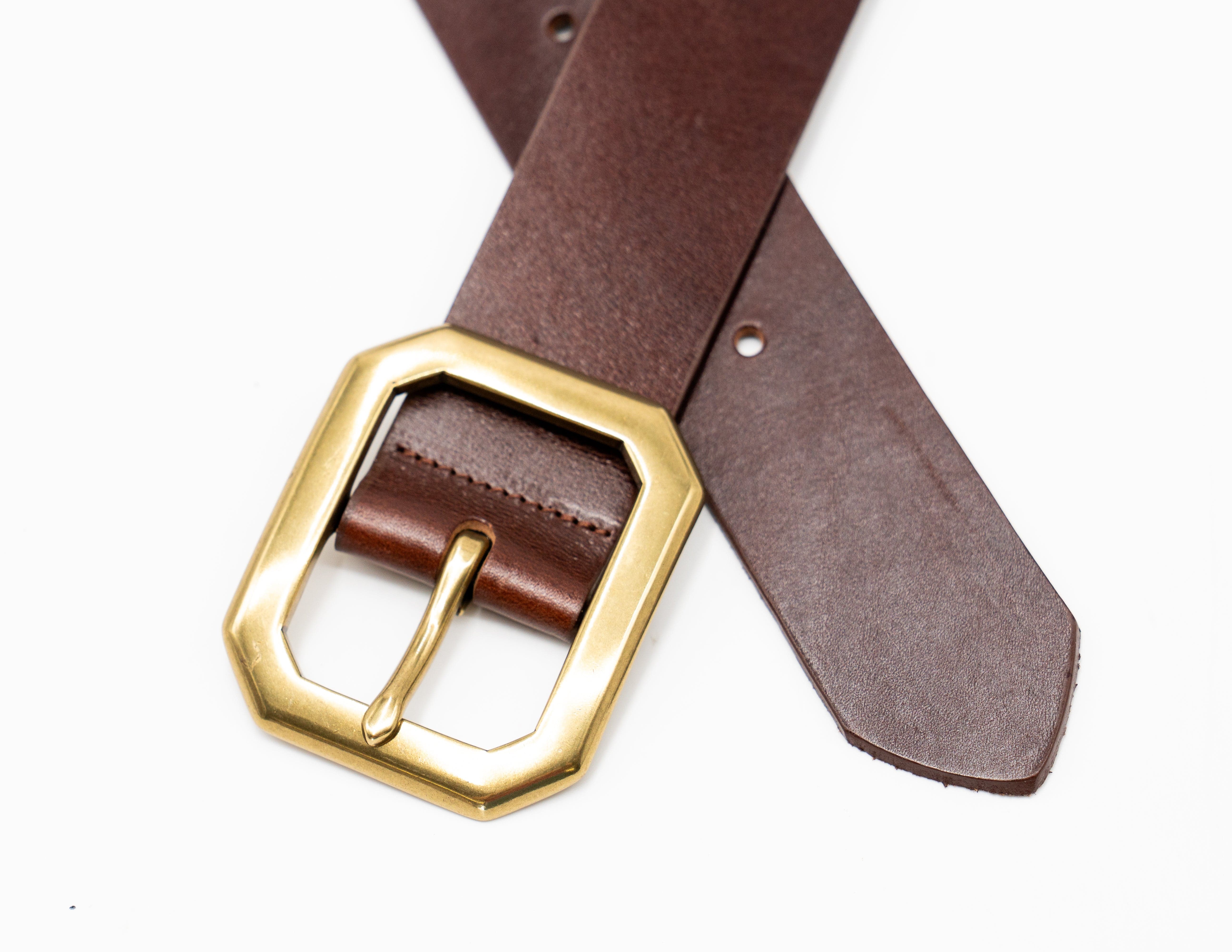 Barrett Belt – smooth brown Italian leather belt with bold brass center bar buckle, unisex design, handcrafted in Los Angeles - Streets Ahead