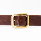Barrett Belt – smooth brown Italian leather belt with bold brass center bar buckle, unisex design, handcrafted in Los Angeles - Streets Ahead