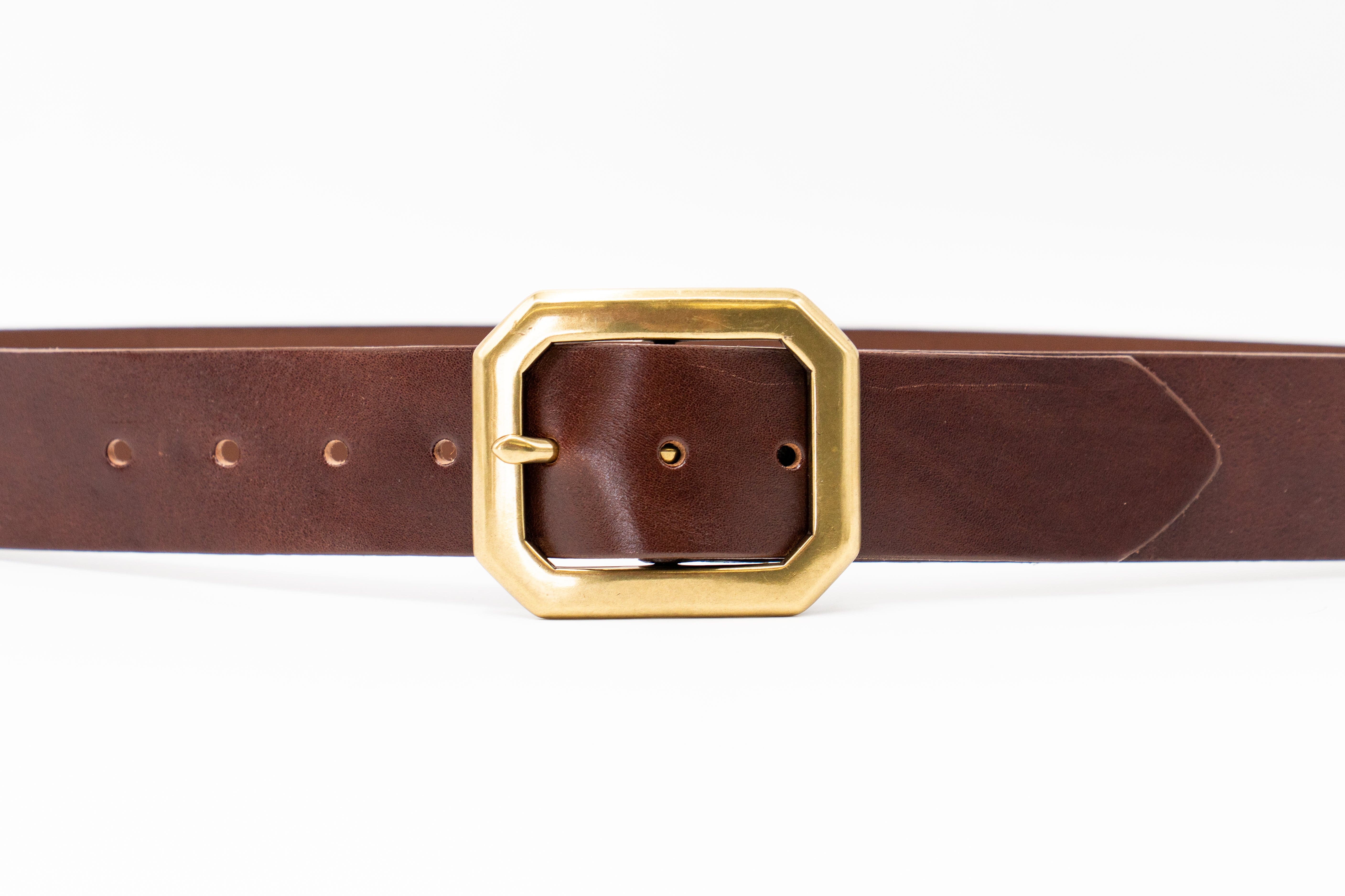 Barrett Belt – smooth brown Italian leather belt with bold brass center bar buckle, unisex design, handcrafted in Los Angeles - Streets Ahead