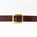 Barrett Belt – smooth brown Italian leather belt with bold brass center bar buckle, unisex design, handcrafted in Los Angeles - Streets Ahead