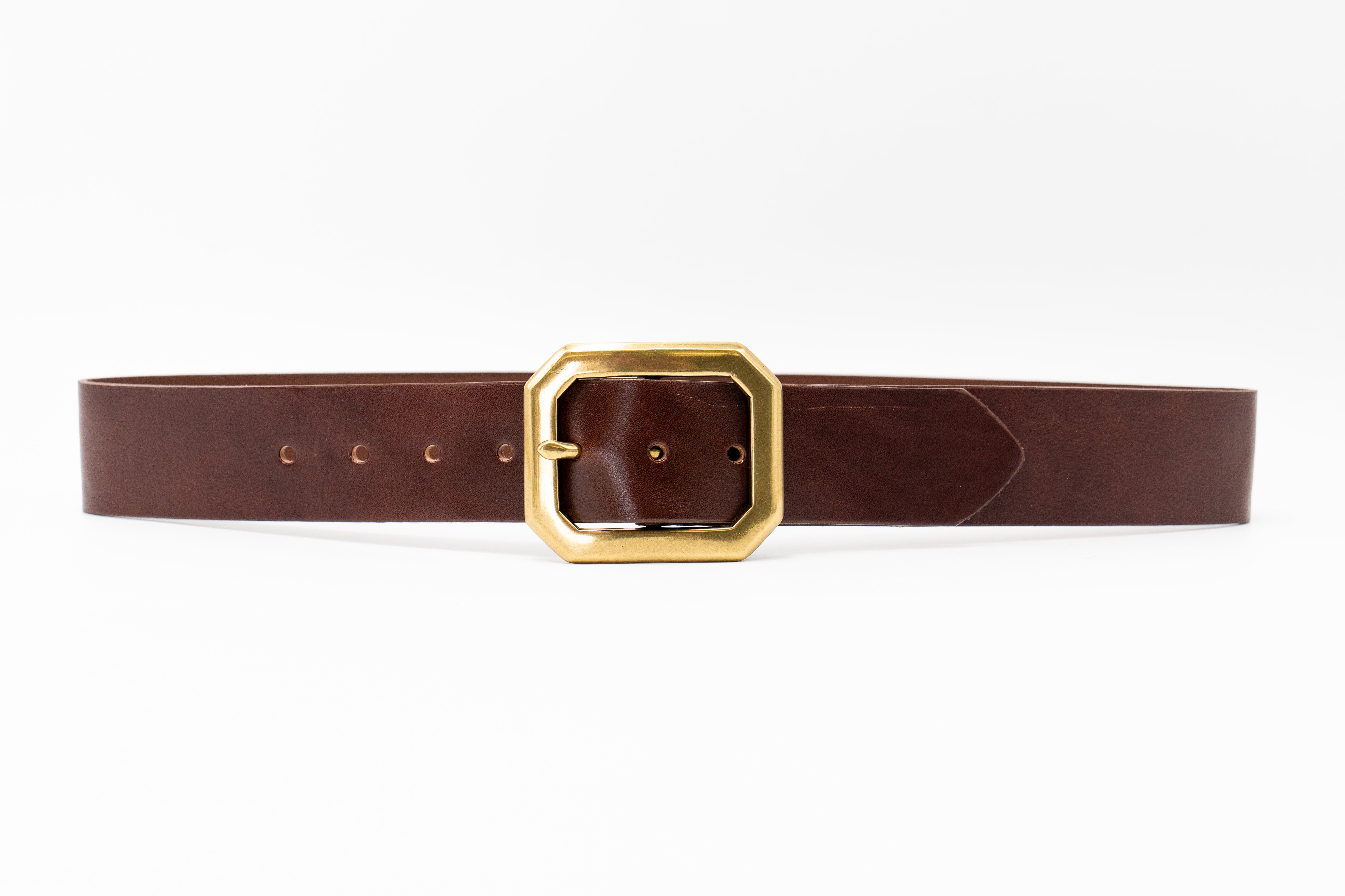 Barrett Belt – smooth brown Italian leather belt with bold brass center bar buckle, unisex design, handcrafted in Los Angeles - Streets Ahead