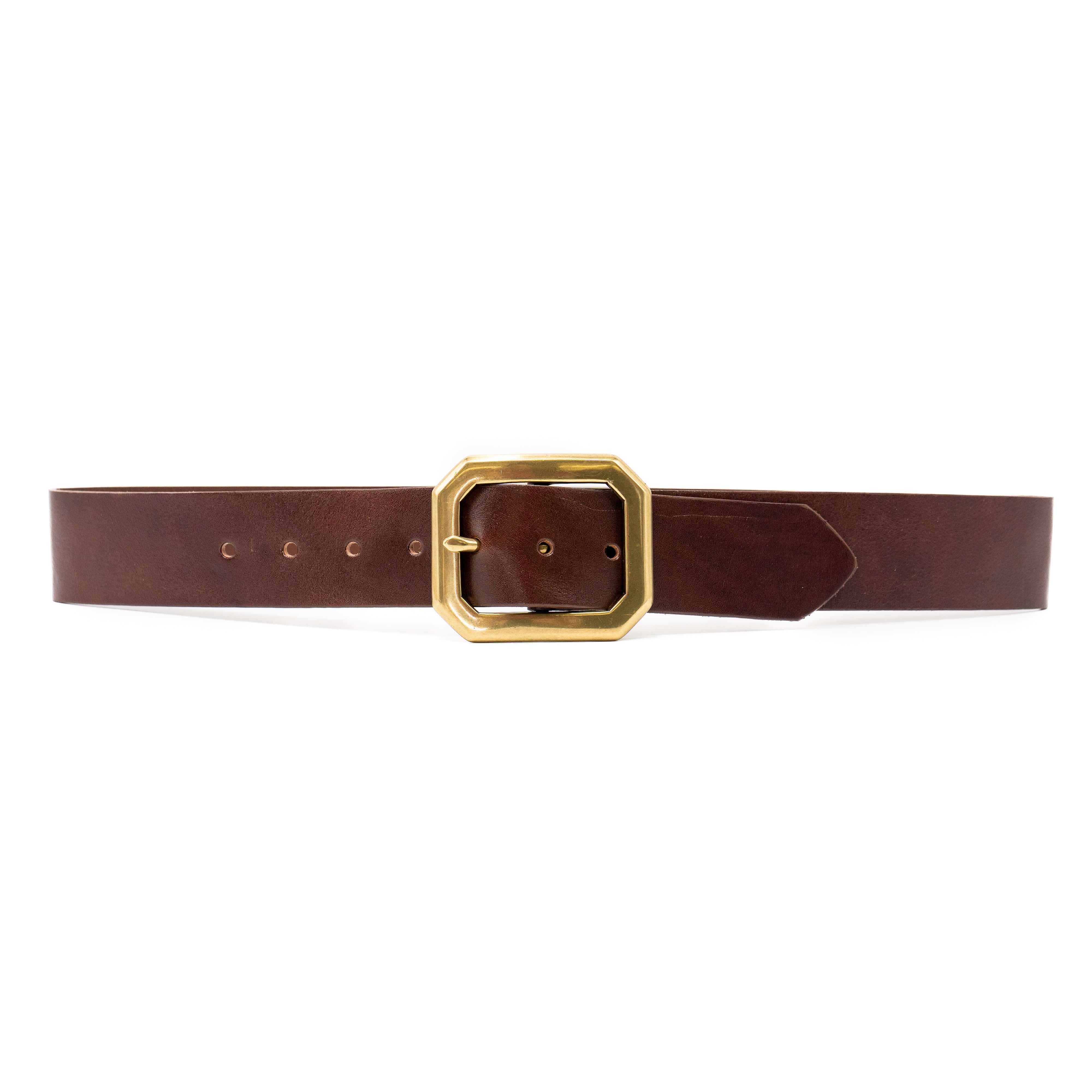 Barrett Belt – smooth brown Italian leather belt with bold brass center bar buckle, unisex design, handcrafted in Los Angeles - Streets Ahead