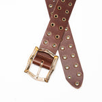 Carter Grommet Belt – smooth brown Italian leather belt with brass grommets and a vintage-plated two-tone Italian romantic buckle, handcrafted in Los Angeles - Streets Ahead