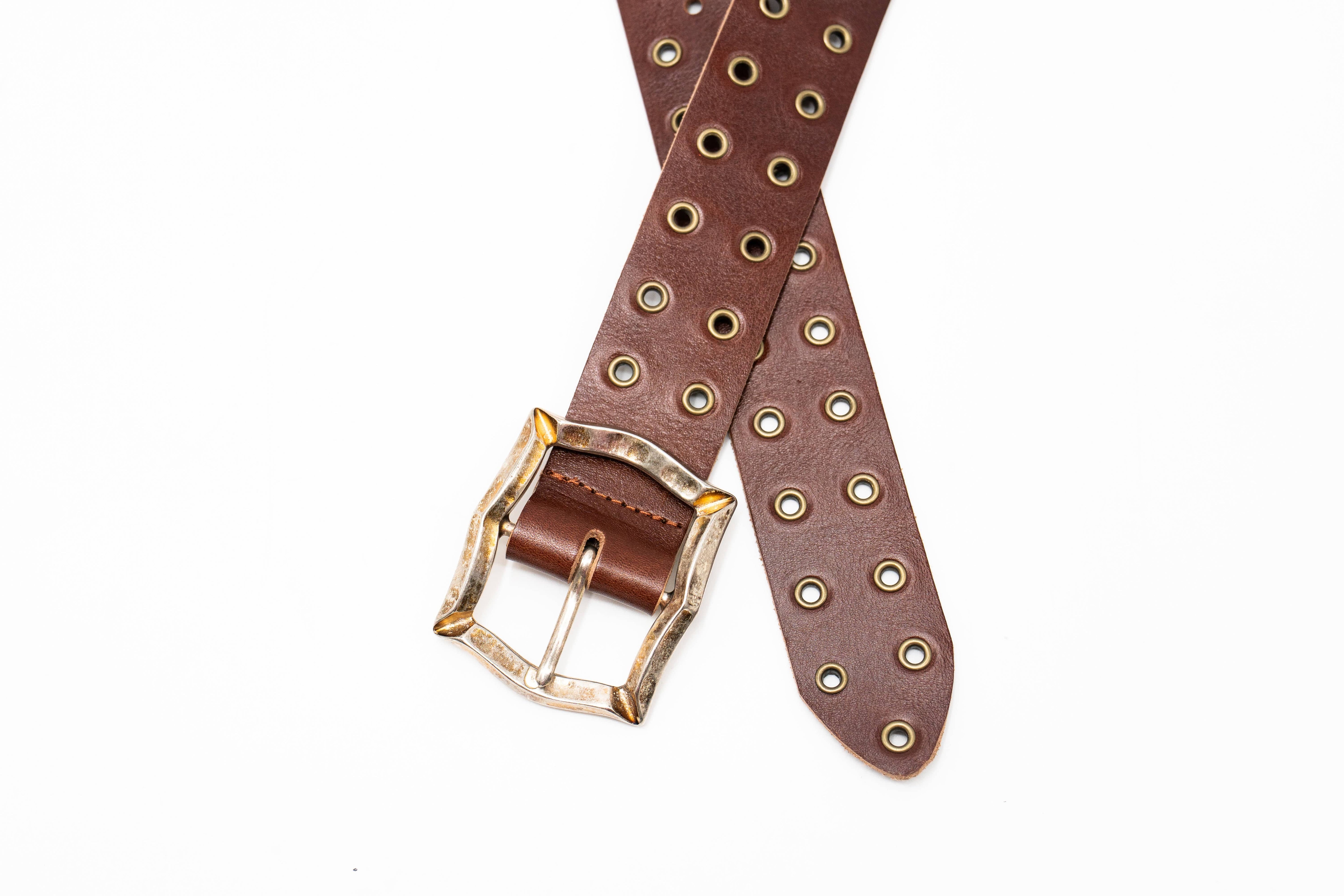 Carter Grommet Belt – smooth brown Italian leather belt with brass grommets and a vintage-plated two-tone Italian romantic buckle, handcrafted in Los Angeles - Streets Ahead