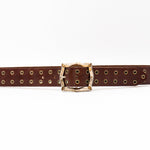 Carter Grommet Belt – smooth brown Italian leather belt with brass grommets and a vintage-plated two-tone Italian romantic buckle, handcrafted in Los Angeles - Streets Ahead