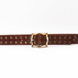 Carter Grommet Belt – smooth brown Italian leather belt with brass grommets and a vintage-plated two-tone Italian romantic buckle, handcrafted in Los Angeles - Streets Ahead