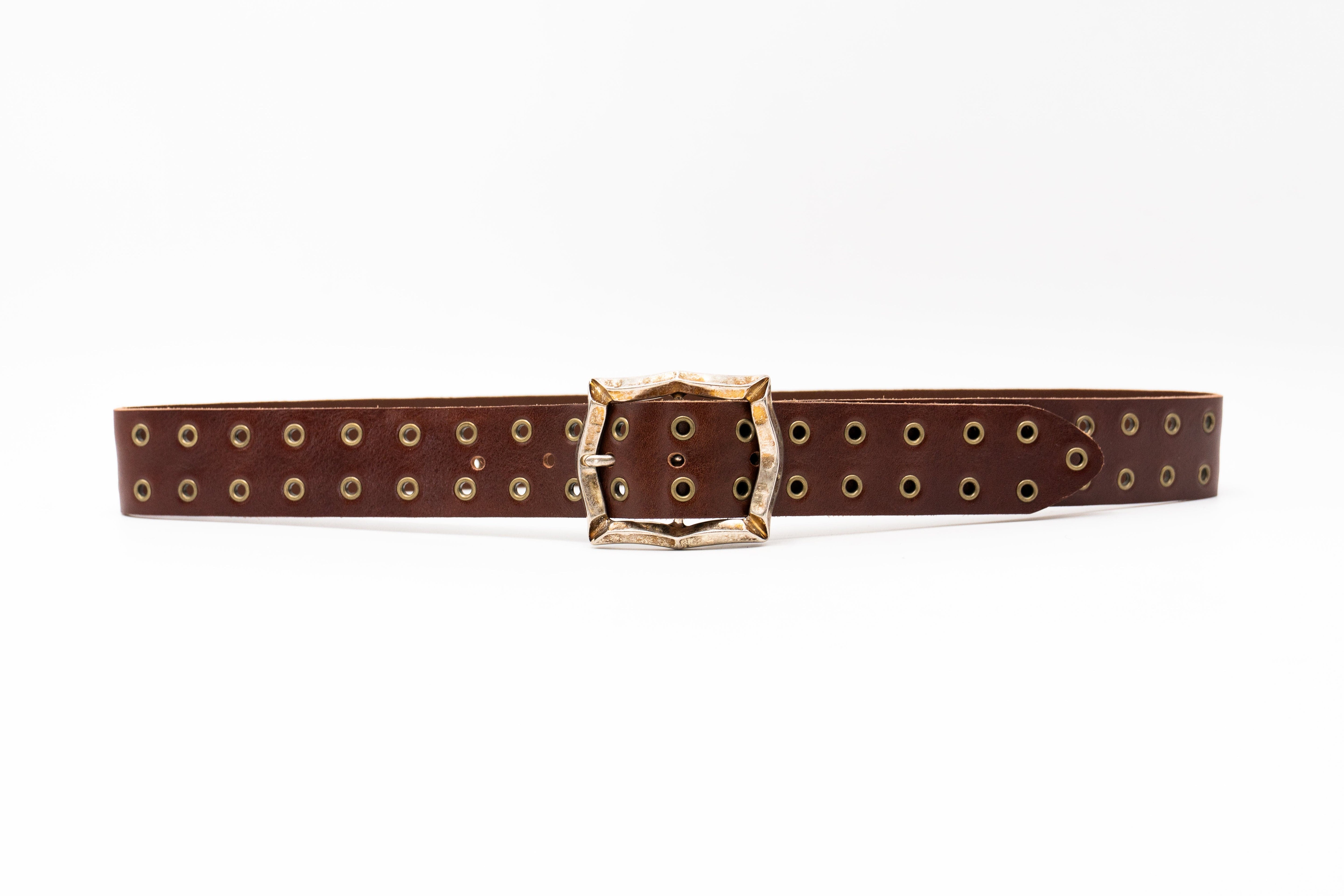 Carter Grommet Belt – smooth brown Italian leather belt with brass grommets and a vintage-plated two-tone Italian romantic buckle, handcrafted in Los Angeles - Streets Ahead