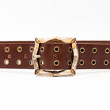 Carter Grommet Belt – smooth brown Italian leather belt with brass grommets and a vintage-plated two-tone Italian romantic buckle, handcrafted in Los Angeles - Streets Ahead