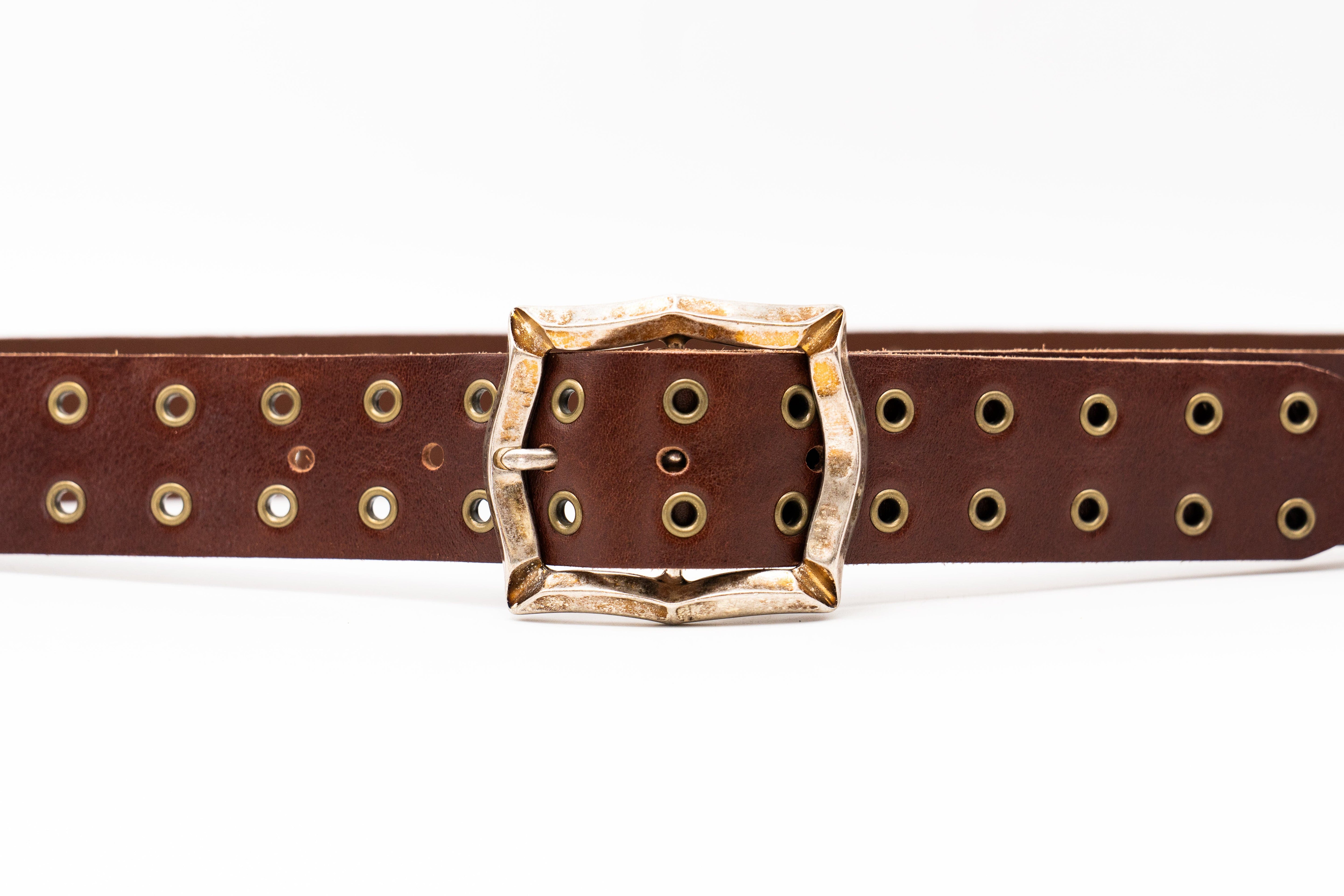 Carter Grommet Belt – smooth brown Italian leather belt with brass grommets and a vintage-plated two-tone Italian romantic buckle, handcrafted in Los Angeles - Streets Ahead