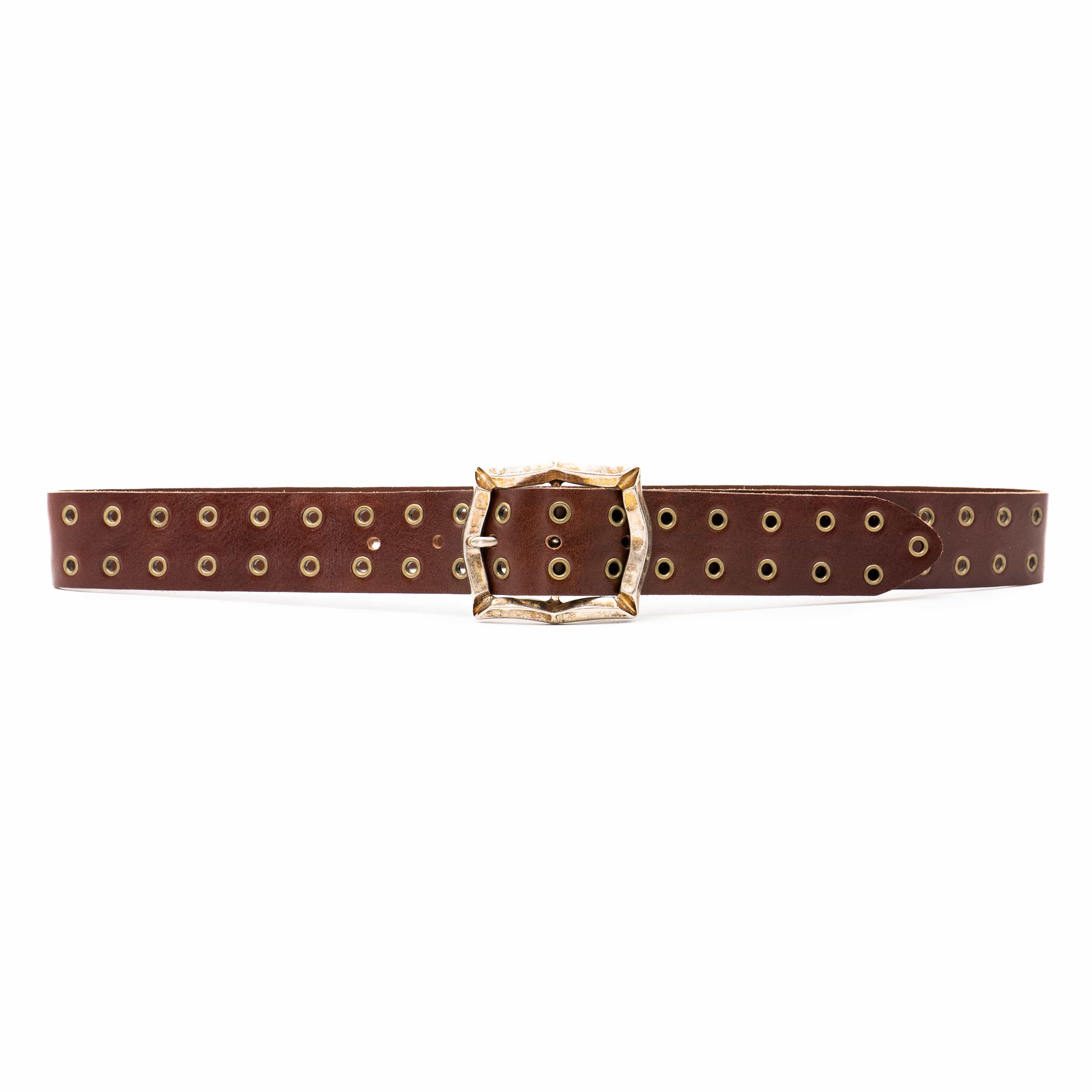 Carter Grommet Belt – smooth brown Italian leather belt with brass grommets and a vintage-plated two-tone Italian romantic buckle, handcrafted in Los Angeles - Streets Ahead