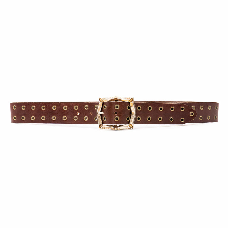 Carter Grommet Belt – smooth brown Italian leather belt with brass grommets and a vintage-plated two-tone Italian romantic buckle, handcrafted in Los Angeles - Streets Ahead