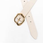 Celine Belt – cream Italian narrow leather belt with a gold organic-shaped center bar buckle, handcrafted in Los Angeles - Streets Ahead