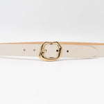 Celine Belt – cream Italian narrow leather belt with a gold organic-shaped center bar buckle, handcrafted in Los Angeles - Streets Ahead