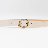 Celine Belt – cream Italian narrow leather belt with a gold organic-shaped center bar buckle, handcrafted in Los Angeles - Streets Ahead
