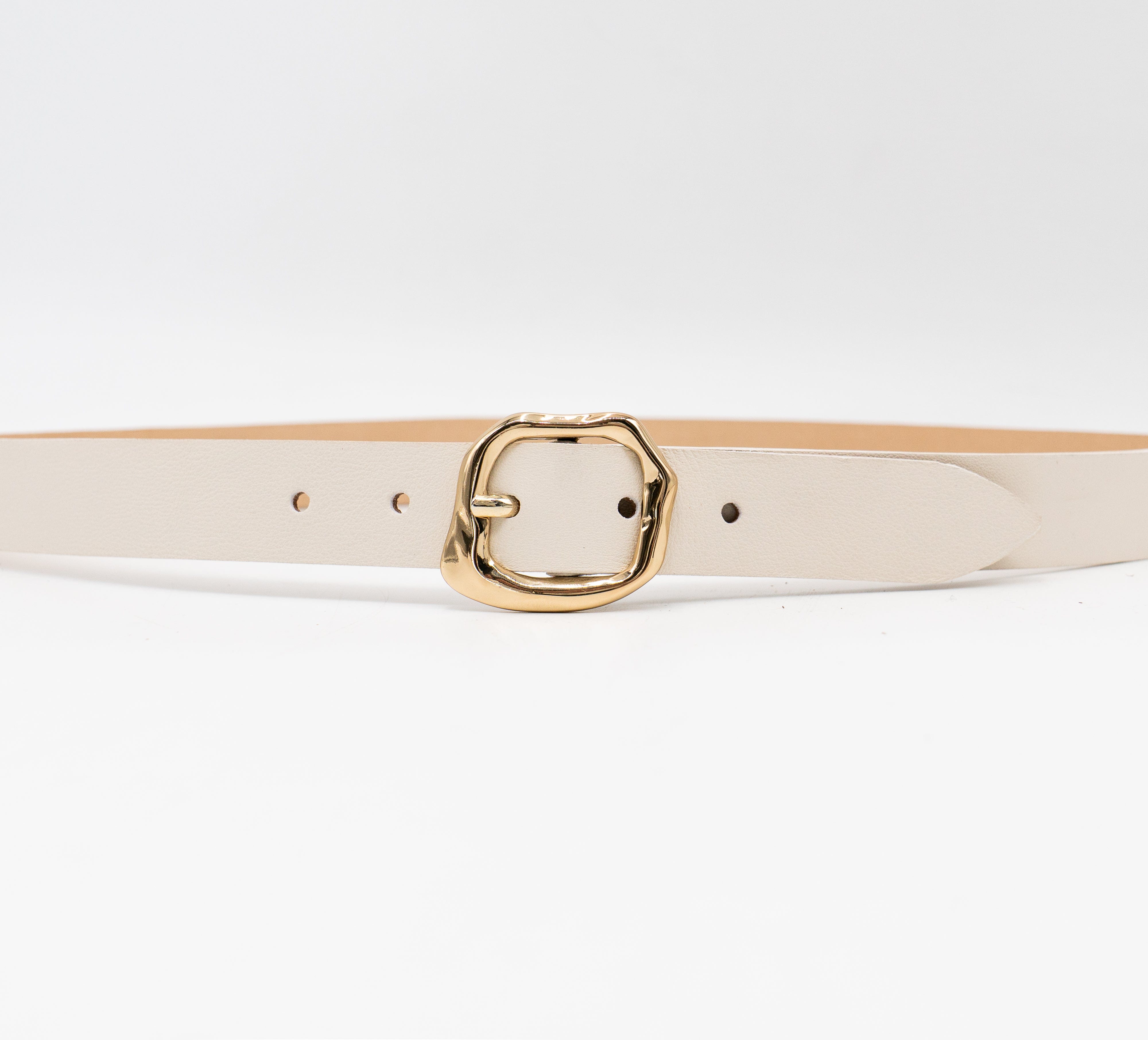 Celine Belt – cream Italian narrow leather belt with a gold organic-shaped center bar buckle, handcrafted in Los Angeles - Streets Ahead