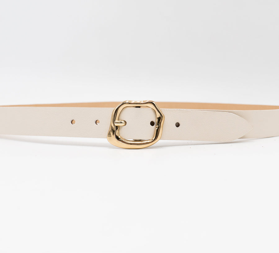 Celine Belt – cream Italian narrow leather belt with a gold organic-shaped center bar buckle, handcrafted in Los Angeles - Streets Ahead