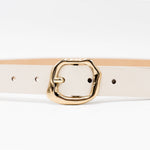 Celine Belt – cream Italian narrow leather belt with a gold organic-shaped center bar buckle, handcrafted in Los Angeles - Streets Ahead
