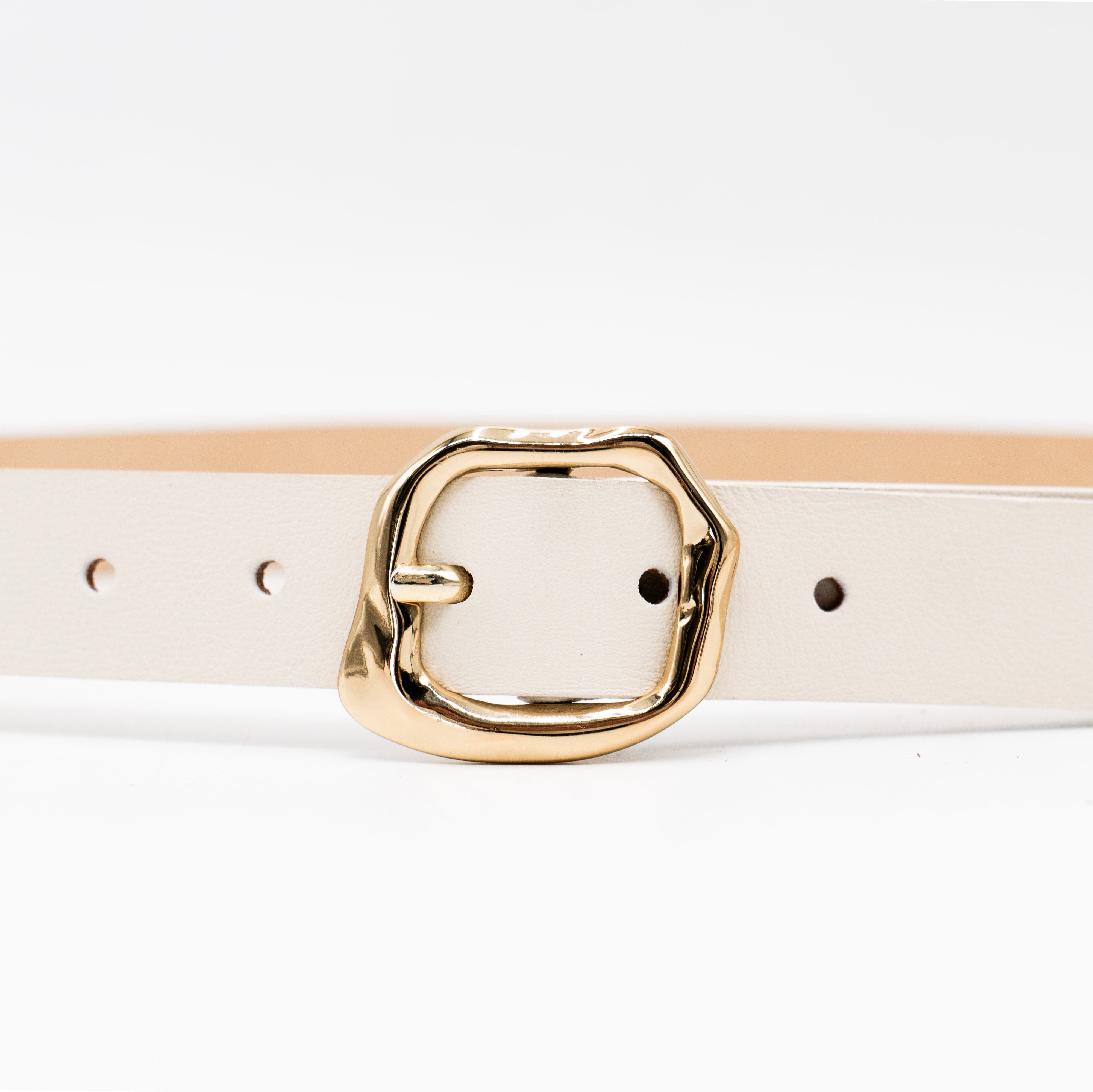 Celine Belt – cream Italian narrow leather belt with a gold organic-shaped center bar buckle, handcrafted in Los Angeles - Streets Ahead