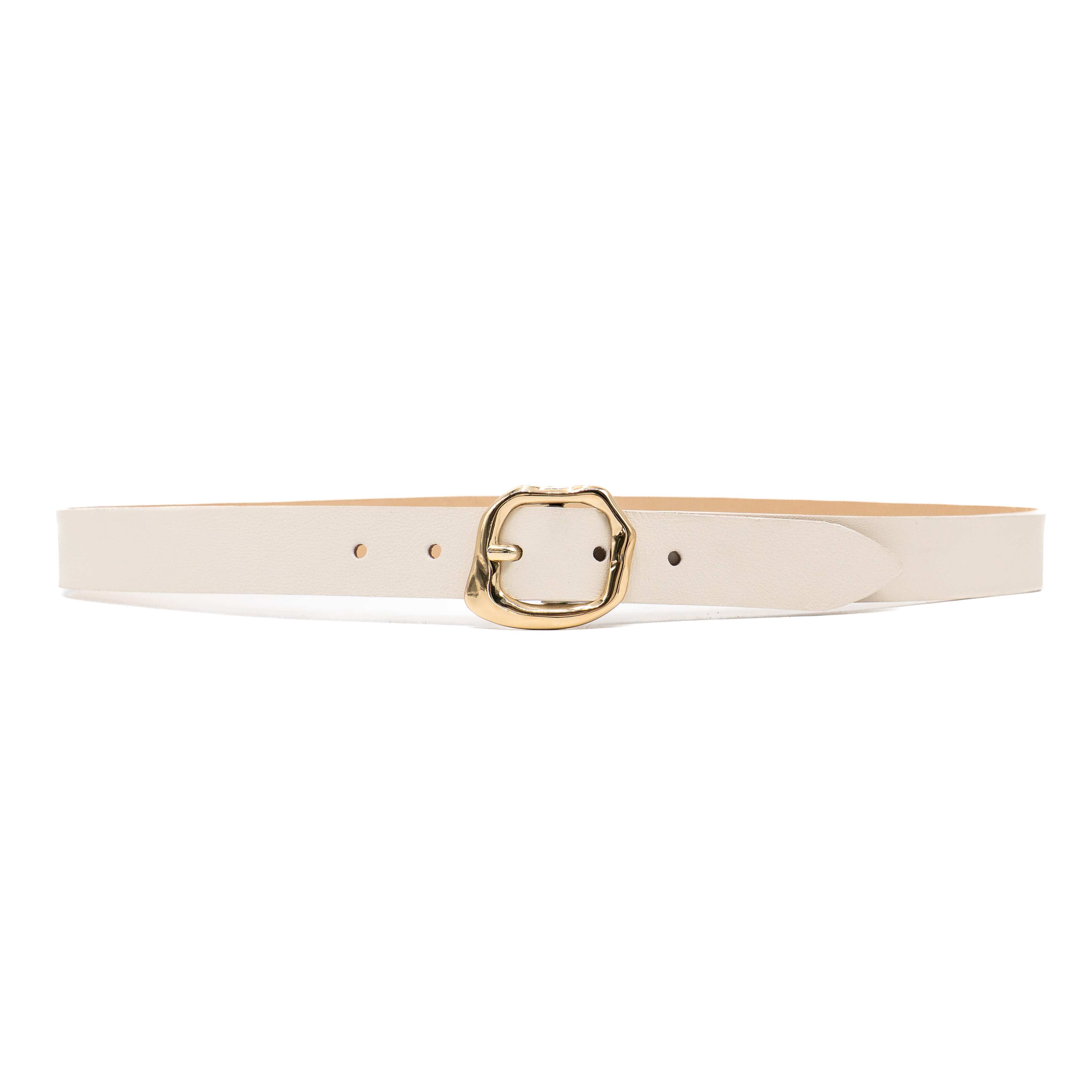 Celine Belt – cream Italian narrow leather belt with a gold organic-shaped center bar buckle, handcrafted in Los Angeles - Streets Ahead