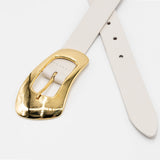 Evangeline Belt – cream Italian leather belt with a gold-plated organic-shaped center bar buckle, handcrafted in Los Angeles - Streets Ahead