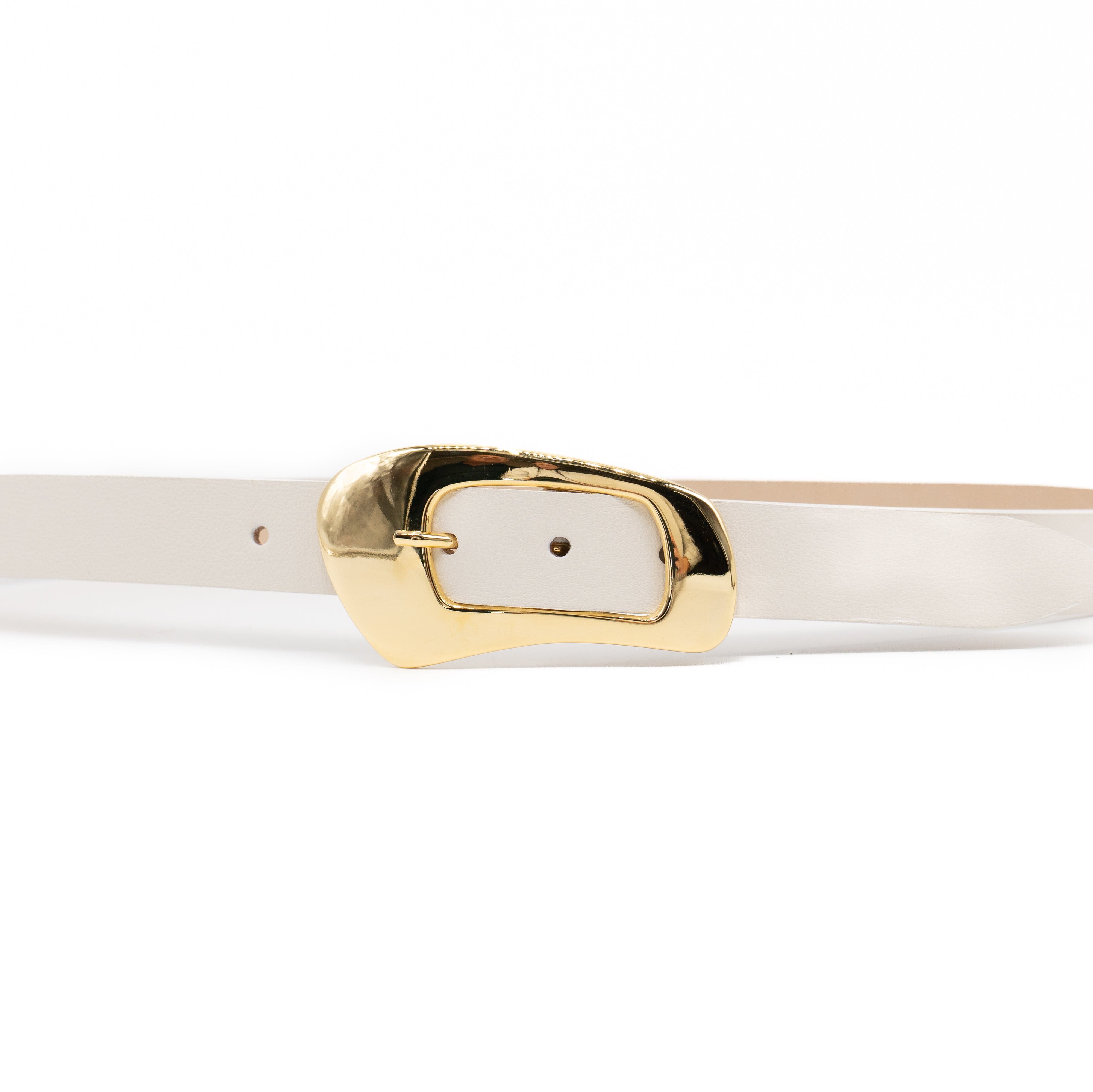 Evangeline Belt – cream Italian leather belt with a gold-plated organic-shaped center bar buckle, handcrafted in Los Angeles - Streets Ahead