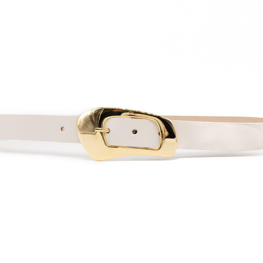 Evangeline Belt – cream Italian leather belt with a gold-plated organic-shaped center bar buckle, handcrafted in Los Angeles - Streets Ahead