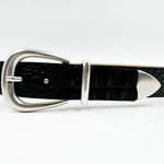 Harlow Belt – croc-embossed black Italian calfskin leather belt with silver-plated modern western three-piece buckle set, handcrafted in Los Angeles - Streets Ahead