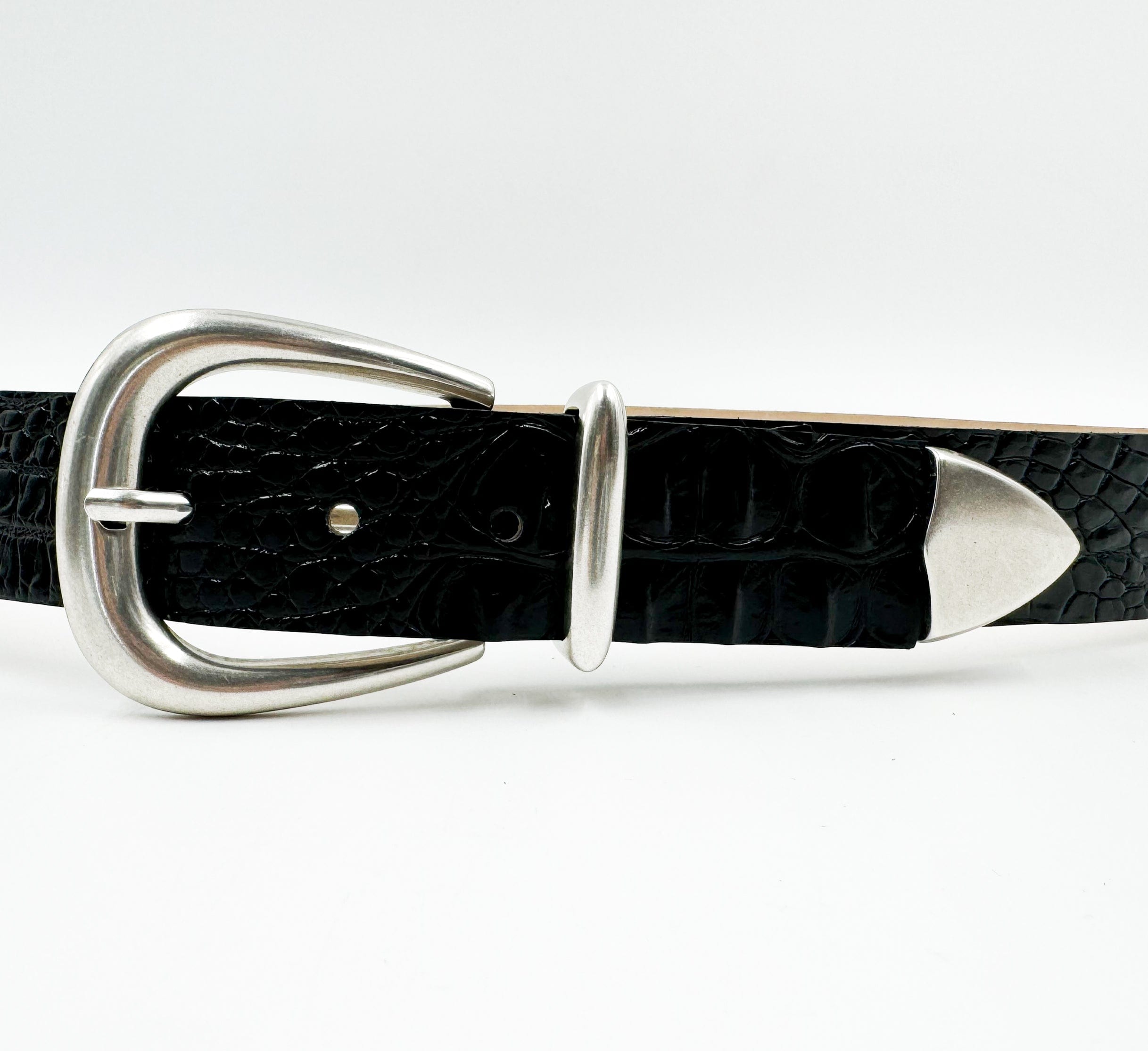 Harlow Belt – croc-embossed black Italian calfskin leather belt with silver-plated modern western three-piece buckle set, handcrafted in Los Angeles - Streets Ahead