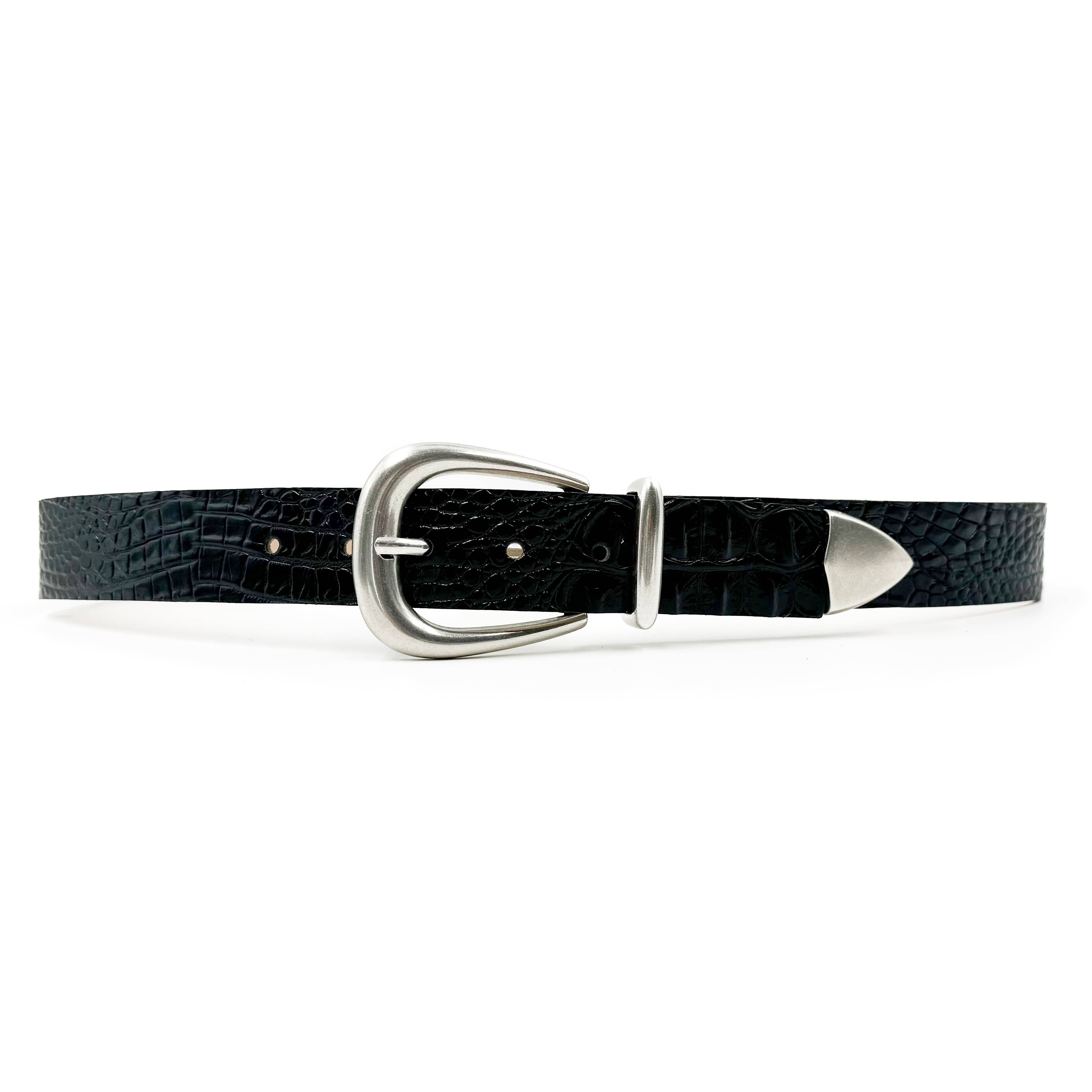 Harlow Belt – croc-embossed black Italian calfskin leather belt with silver-plated modern western three-piece buckle set, handcrafted in Los Angeles - Streets Ahead