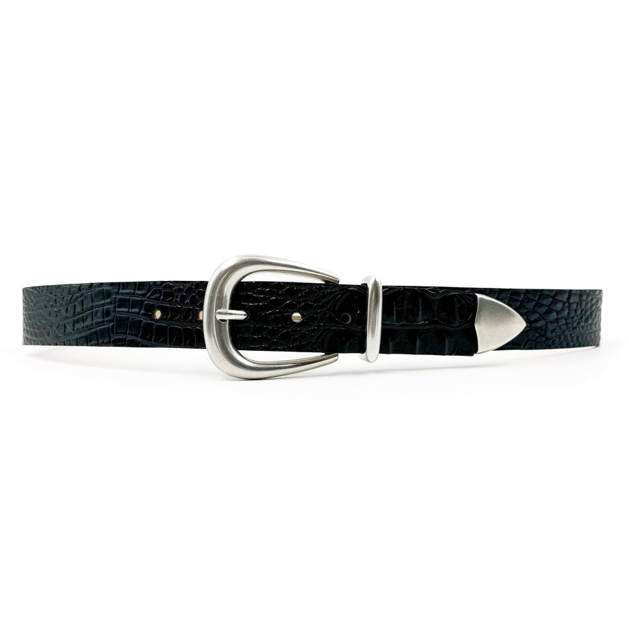 Harlow Belt – croc-embossed black Italian calfskin leather belt with silver-plated modern western three-piece buckle set, handcrafted in Los Angeles - Streets Ahead