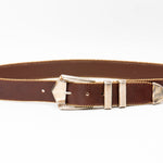 Kaden Belt – brown Italian leather belt with vintage two-toned buckle, western buckle set, and gold ball-and-chain trim, handcrafted in Los Angeles - Streets Ahead