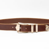 Kaden Belt – brown Italian leather belt with vintage two-toned buckle, western buckle set, and gold ball-and-chain trim, handcrafted in Los Angeles - Streets Ahead