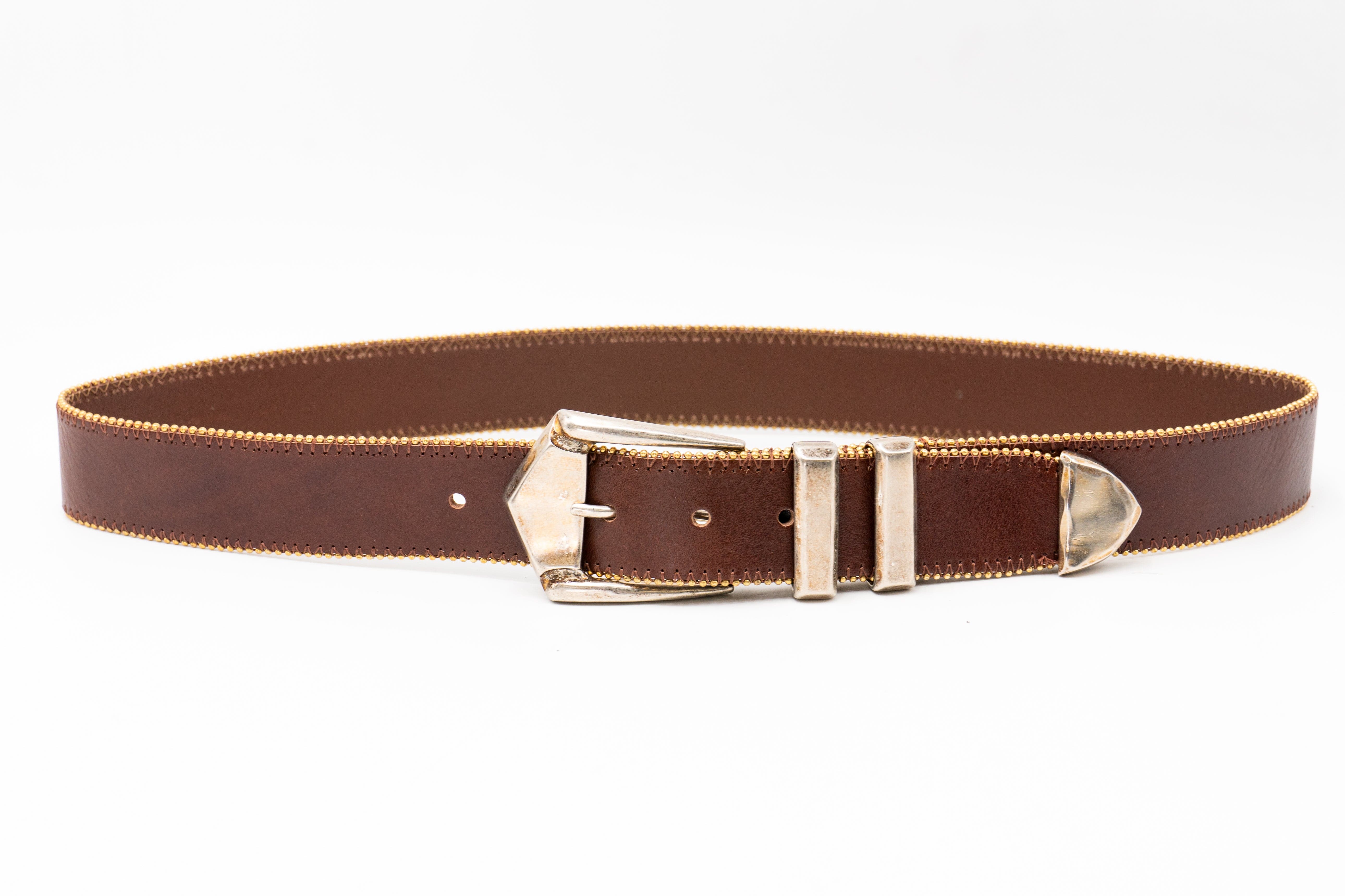 Kaden Belt – brown Italian leather belt with vintage two-toned buckle, western buckle set, and gold ball-and-chain trim, handcrafted in Los Angeles - Streets Ahead
