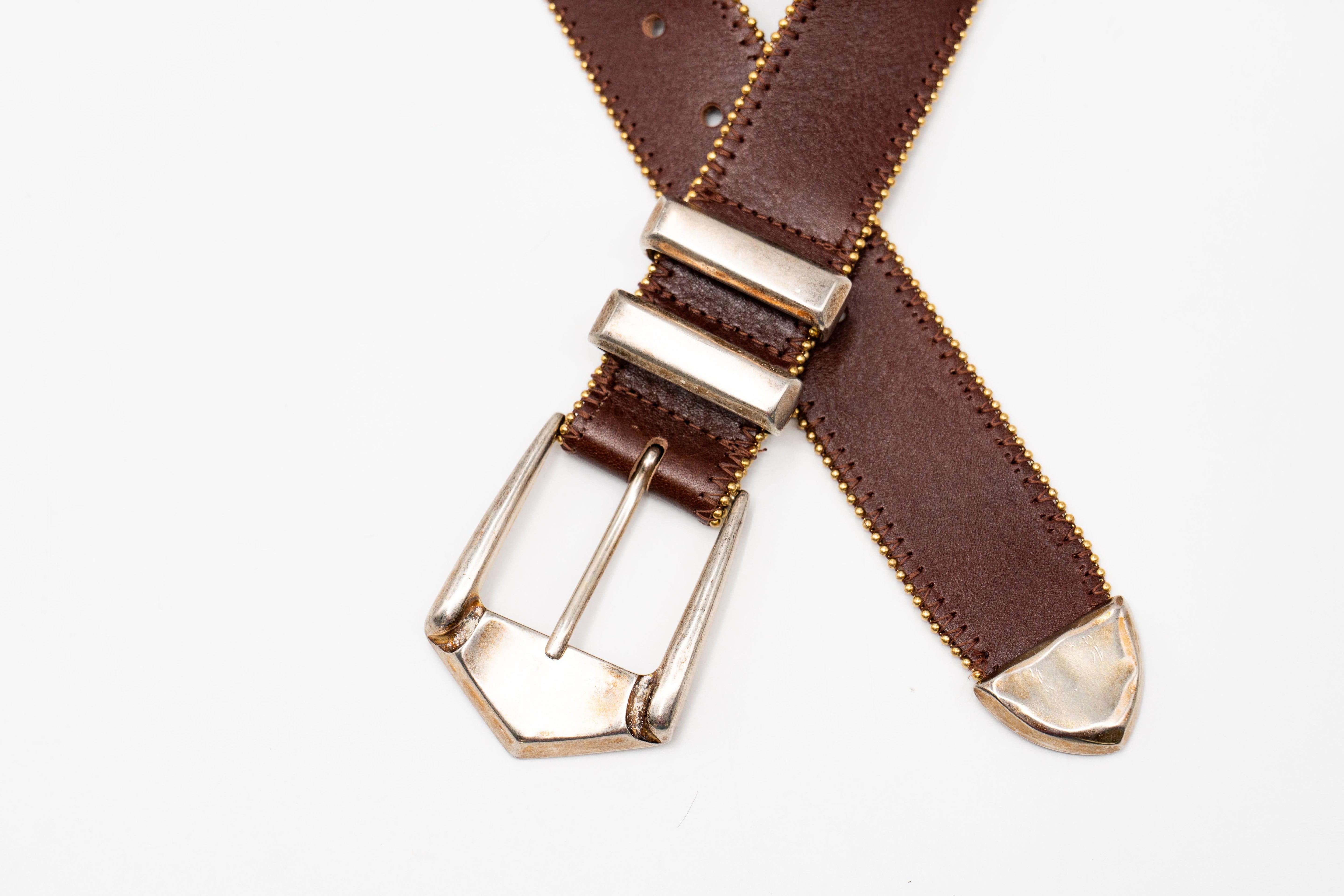 Kaden Belt – brown Italian leather belt with vintage two-toned buckle, western buckle set, and gold ball-and-chain trim, handcrafted in Los Angeles - Streets Ahead