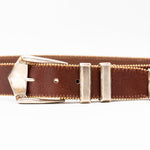 Kaden Belt – brown Italian leather belt with vintage two-toned buckle, western buckle set, and gold ball-and-chain trim, handcrafted in Los Angeles - Streets Ahead