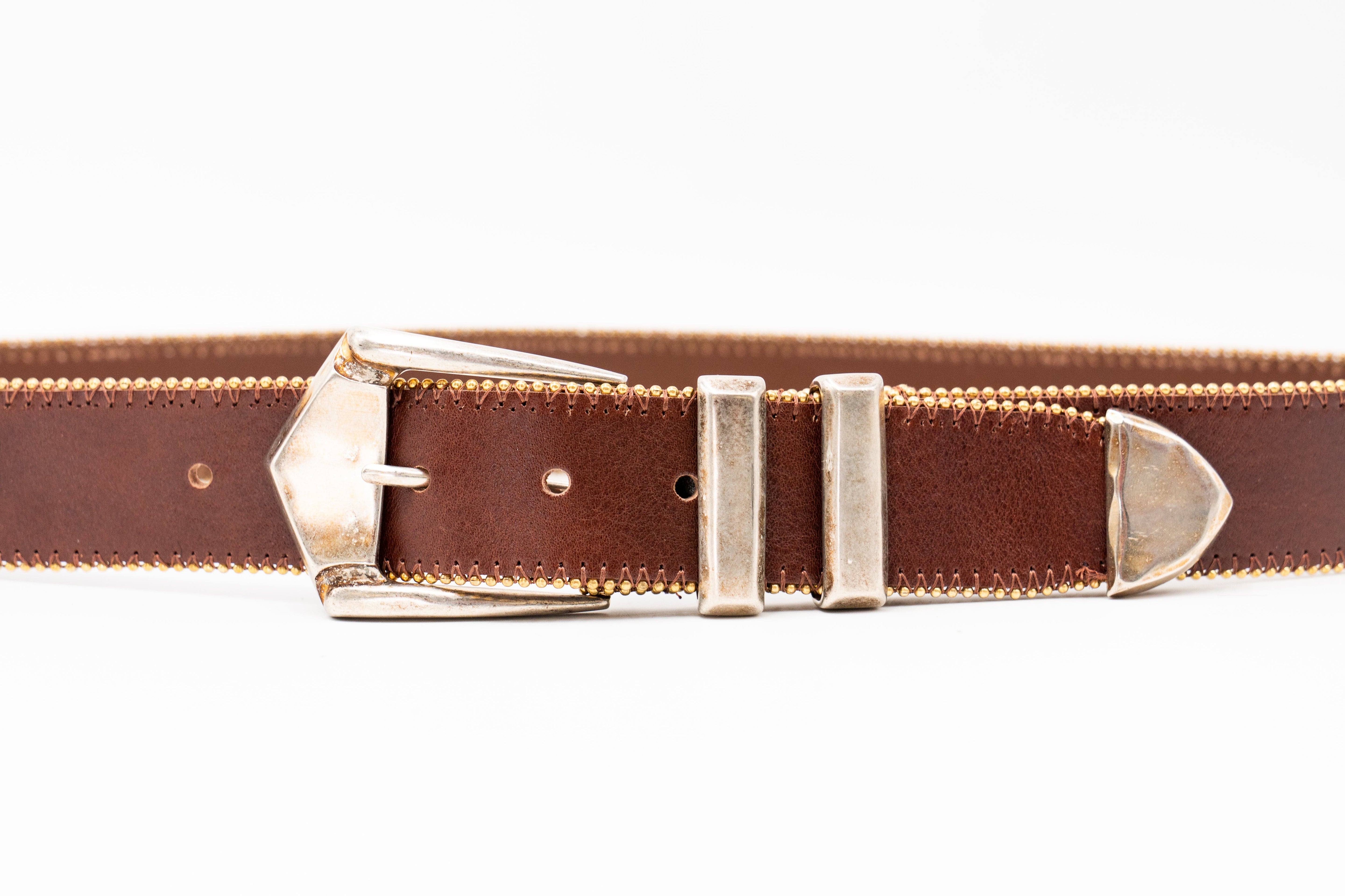 Kaden Belt – brown Italian leather belt with vintage two-toned buckle, western buckle set, and gold ball-and-chain trim, handcrafted in Los Angeles - Streets Ahead