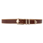 Kaden Belt – brown Italian leather belt with vintage two-toned buckle, western buckle set, and gold ball-and-chain trim, handcrafted in Los Angeles - Streets Ahead