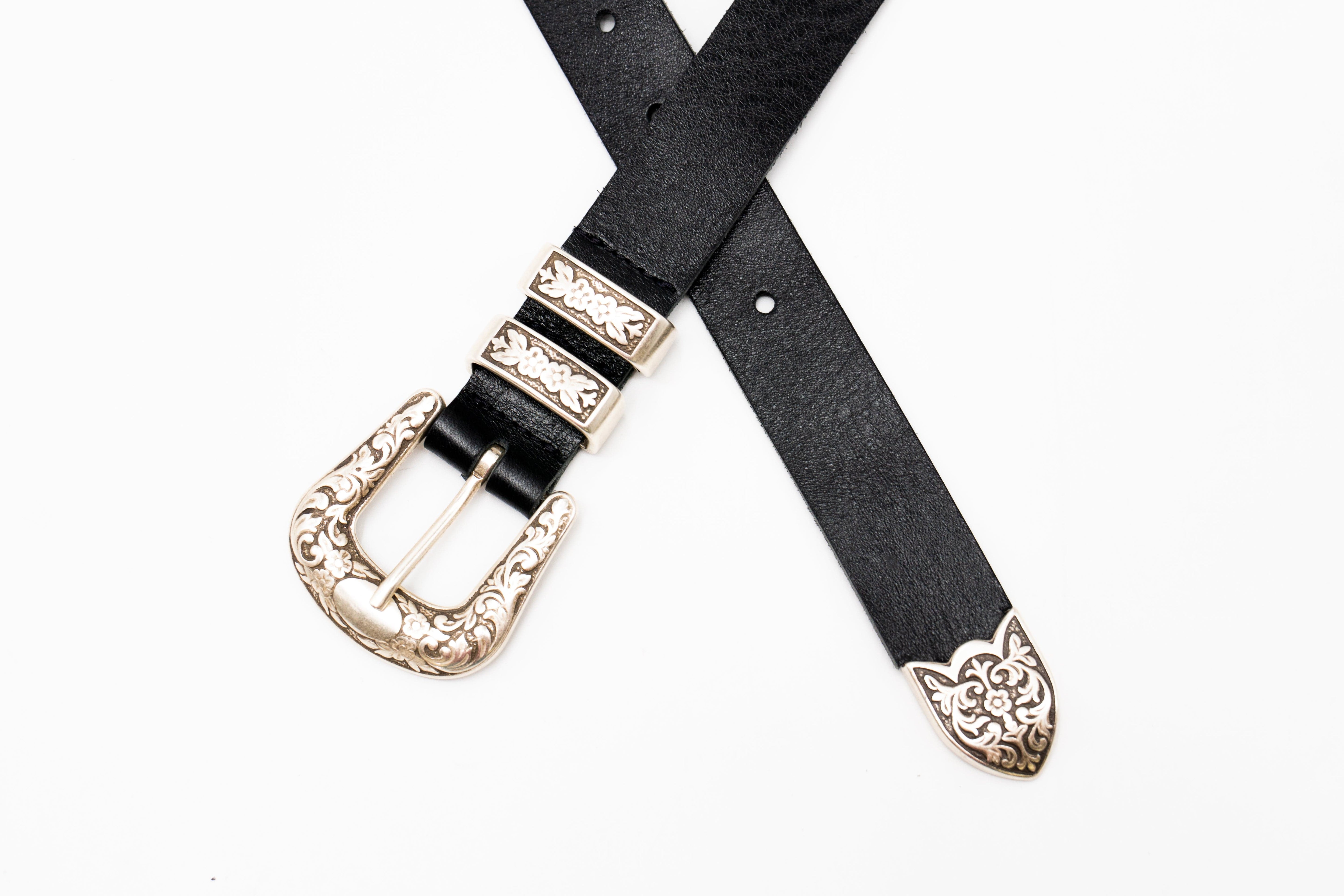 Luca Belt – smooth black Italian leather belt with sleek modern western buckle set and double-loop detail, handcrafted in Los Angeles - Streets Ahead