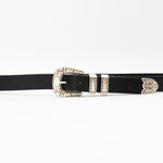 Luca Belt – smooth black Italian leather belt with sleek modern western buckle set and double-loop detail, handcrafted in Los Angeles - Streets Ahead